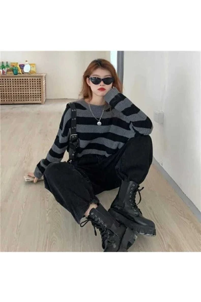KOZİA OUTDOORS malkoçbey füme siyah çizgili triko crop ürün görseli 1