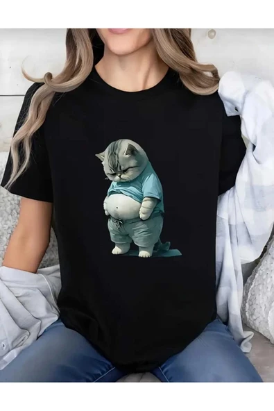KOZİA OUTDOORS Şişman Kedi Baskılı Kadın Oversize Pamuklu Tişört ürün görseli 1