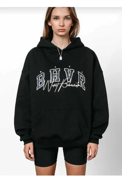 KOZİA OUTDOORS malkoçbey bhwr baskılı oversize unisex siyah kapüşonlu swetşirt ürün görseli 1