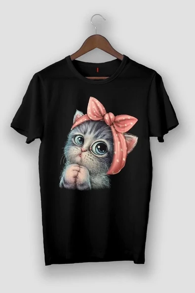 Pasage Siyah Unisex Sevimli Minik Kedi Baskılı Pamuk Bisiklet Yaka Boyfriend Örme Oversize T-Shirt ürün görseli 1