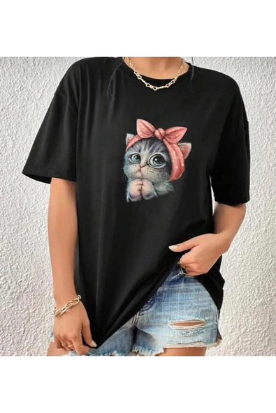 KOZİA OUTDOORS kedi baskılı oversize o yaka t-şhirt ürün görseli 1