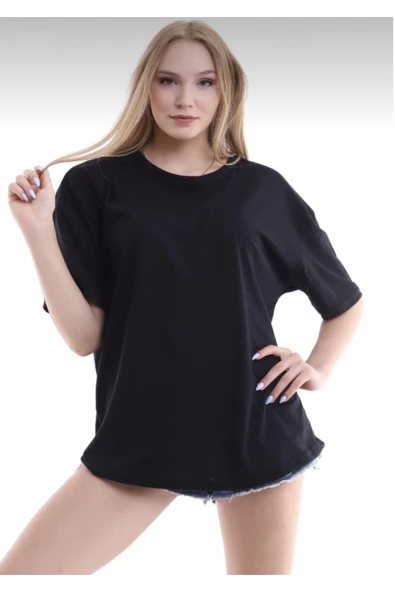 JAKARLI Unisex Pamuklu Siyah Bisiklet Yaka Oversize T-shirt ürün görseli 1