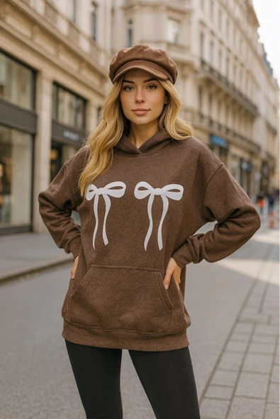 KOZİA OUTDOORS kurdela baskılı kadın kapuson basic swaetşhirt - Resim 3