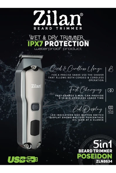Zln8634 | Pro Saç Tıraş Makinesi | Poseidon | Ipx7 Su Geçirmez | Hızlı Şarj | 180 Dk. Kablosuz ürün görseli 1