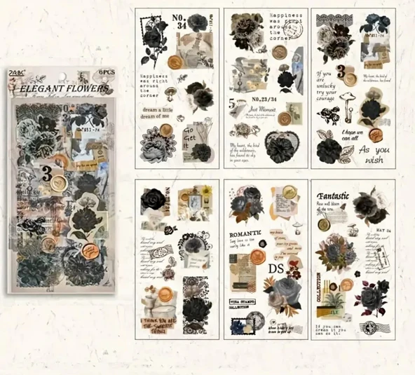 Vintage Sticker Stiker Çıkartma Etiket 6'lı Set- Elegant Flowers ürün görseli 1