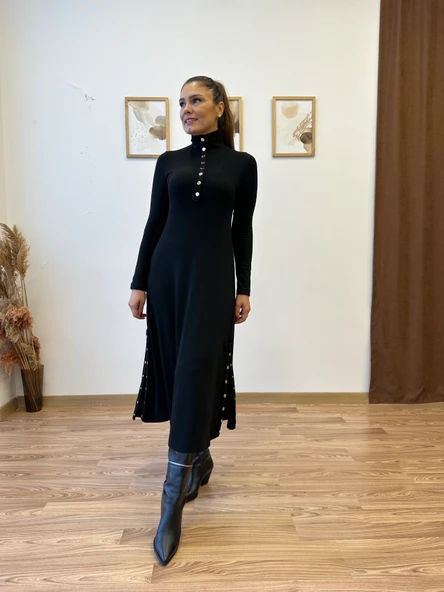 Çıtçıt Detaylı Uzun Triko Elbise - Resim 8