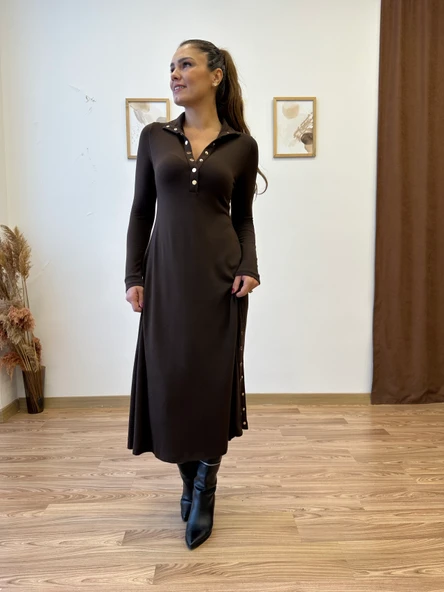 Çıtçıt Detaylı Uzun Triko Elbise - Resim 11
