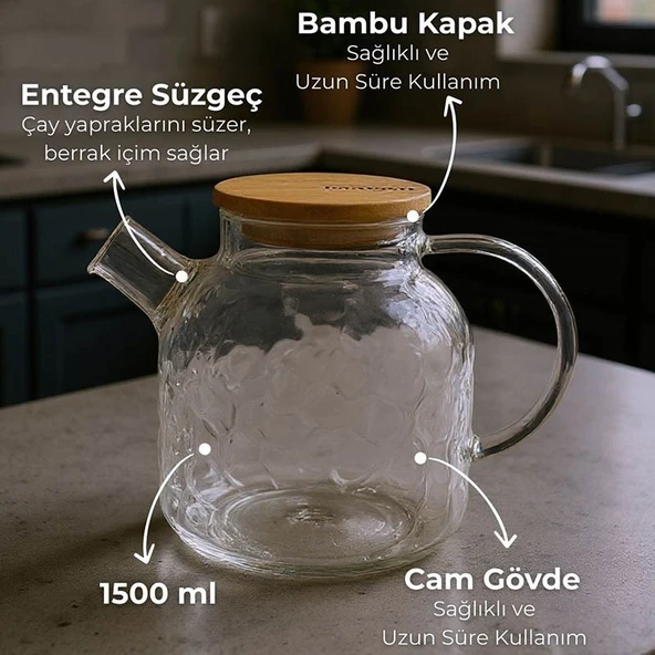 Bambum Juliet Bambu Kapaklı Cam Demlik 1500ml ürün görseli 1
