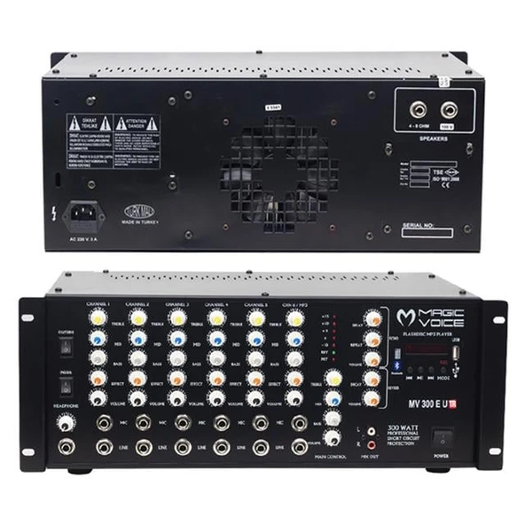 Magicvoice MV-300EF-TR 300 Watt 6 Mikrofon Girişli USB-Bluetooth Destekli Trafolu Mixer Anfi ürün görseli 1