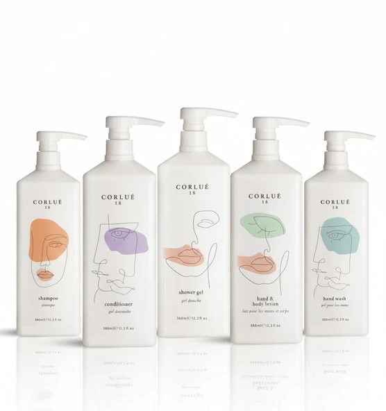 CORLUE 18 SHAMPOO 360 ML + CONDITIONER 360 ML + SHOWER GEL 360 ML + HAND&BODY LOTION 360 ML + HAND WASH 360 ML ürün görseli 1