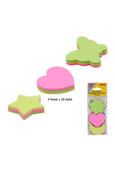 Yapışkanlı Not Kağıdı Mini Şekilli 3'lü SET (3 renk x 25 adet)  2 Adet ürün görseli 1