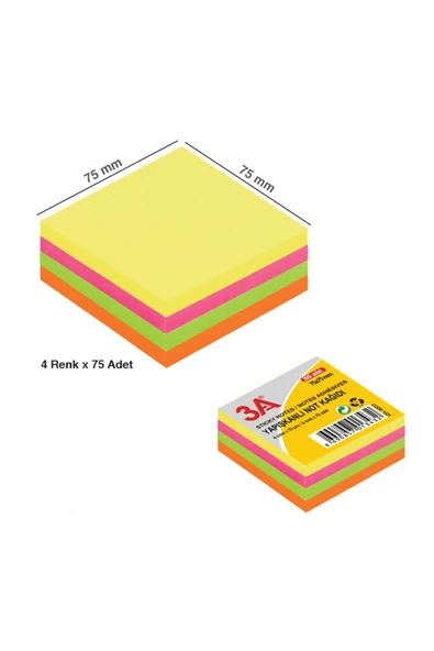 3A Yapışkanlı Not Kağıdı Küp 75x75 mm 4 Renk x 75 Adet ürün görseli 1