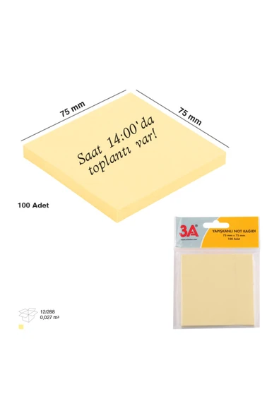 3A Yapışkanlı Not Kağıdı Pastel Renk 75x75 mm (100 Adet) Sarı Renk 4 Adet Fiyatıdır ürün görseli 1