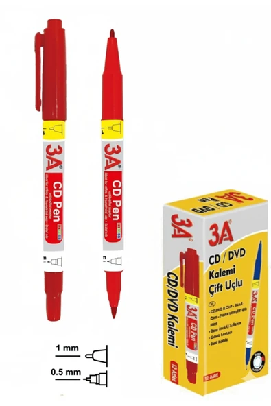 Permanent Kalıcı Marker Kalemi Çift Uçlu 0.5 mm ve 1 mm Kırmızı 3 Adet ürün görseli 1