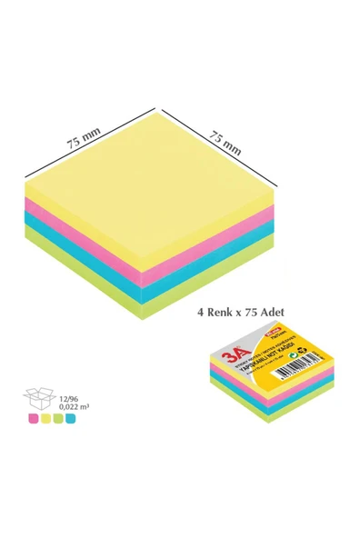 Yapışkanlı Not Kağıdı Pastel Renk 75x75 mm (4 Renk x 75 Adet) ürün görseli 1
