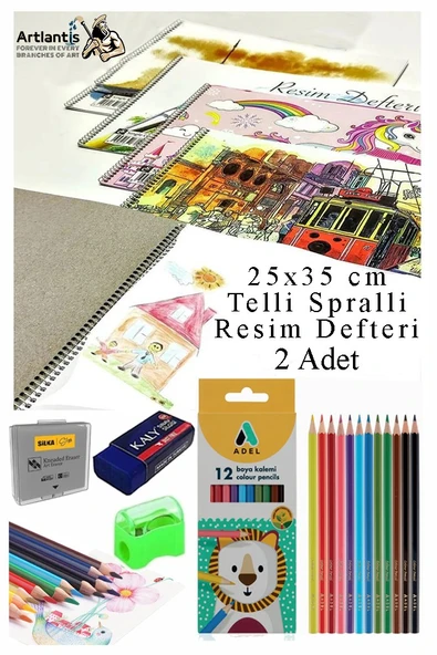 12 Renk Adel Kuru Boya 25x35 cm Telli Spralli Resim Defteri Hamur Silgi Kalemtraş 15 Yaprak Resim Defteri Kuruboya Kalem ürün görseli 1