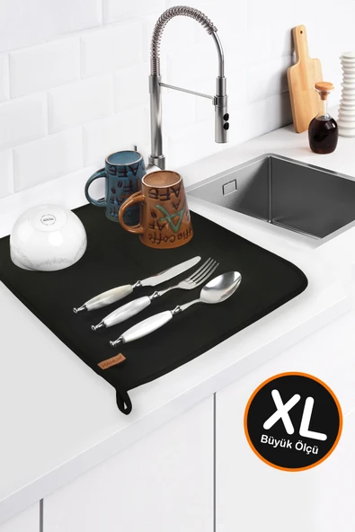 Basic XL Bulaşık Kurutma Matı 55x46 cm XLarge Kurulama Bezi Kurutma Örtüsü Tezgah Üstü Siyah ürün görseli 1
