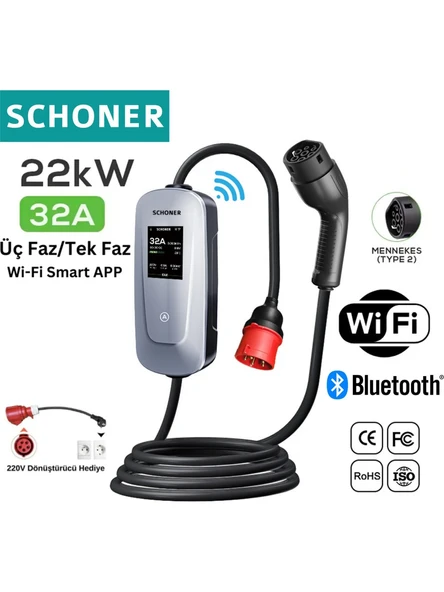 Schoner 22 kW T2 Kablolu 5 m Elektrikli Araç Şarj İstasyonu ürün görseli 1