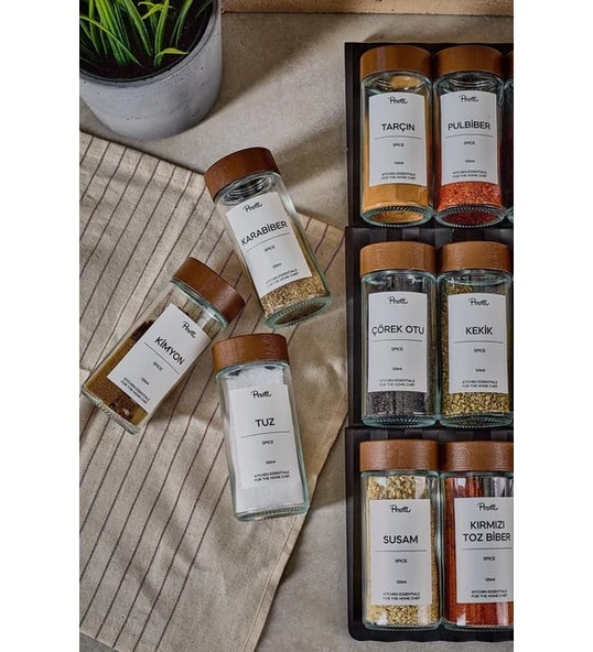 Perotti Raul Woody 12'li Minimal Akasya Kapak Baharatlık Seti 120ml-30 Ad. Siyah-Beyaz Etiket Hediyeli ürün görseli 1