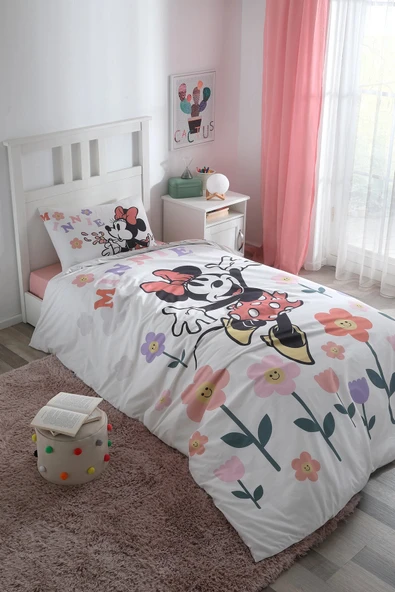 Özdilek Lisanslı Fitted Çarşaflı Tek Kişilik Çocuk Nevresim Takımı-Minnie Flowers Beyaz ürün görseli 1