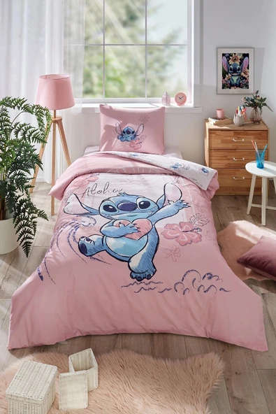 Özdilek Lisanslı Fitted Çarşaflı Tek Kişilik Çocuk Nevresim Takımı-Stitch Aloha Pembe ürün görseli 1
