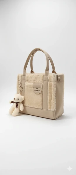 Sahte Kürk ve Teddy Ayıcıklı Tüylü Mini Tote Çanta ürün görseli 1
