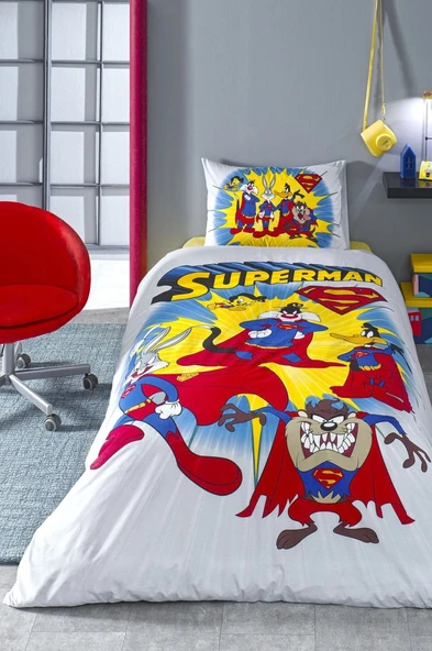 Özdilek Lisanslı Fitted Çarşaflı Tek Kişilik Çocuk Nevresim Takımı-Looney Tunes Superman Sarı ürün görseli 1