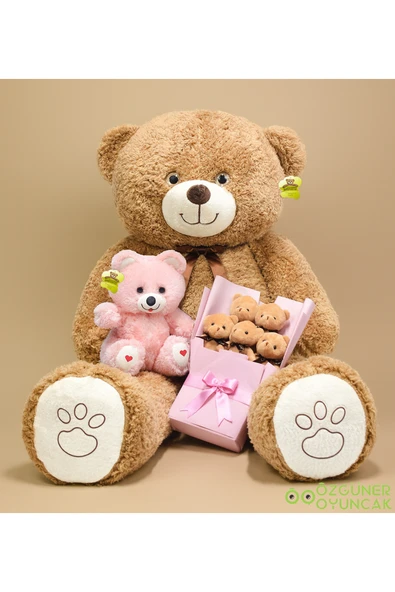 Harika Peluş Fabrikası Aşk Dolu Hediye Seti – 120 cm Dev Peluş Ayı, 25 cm Peluş Ayıcık ve Peluş Buket ürün görseli 1