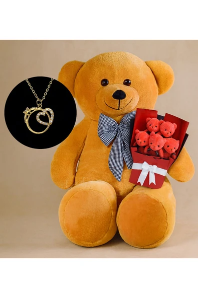 Pababo Aşk Dolu Hediye – Peluş Ayı 90 cm, Mini Buket ve 24 Ayar Altın Kaplama Kolye Kombini ürün görseli 1
