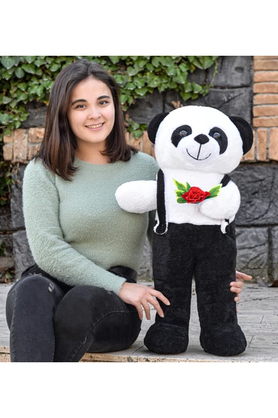 Harika Peluş Fabrikası Ayakta Duran Siyah Tulumlu Panda Peluş Hayvan ürün görseli 1