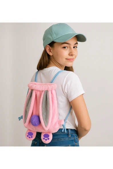 Özgüner Oyuncak Pabtex Tavşan Kulaklı Sırt Çantası – Peluş Kumaş, Renkli İp Detaylı Model ürün görseli 1