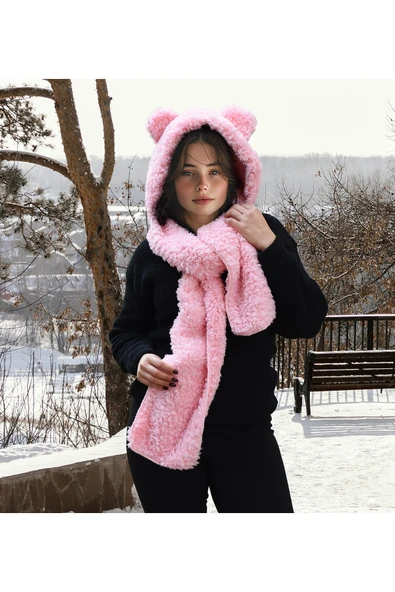 Harika Peluş Fabrikası Pabtex Kapüşonlu Peluş Bere Atkı Welsoft Yumuşak Kumaş Sıcacık ürün görseli 1