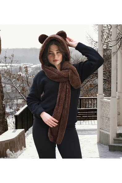 Pababo Pabtex Kapüşonlu Peluş Bere Atkı Welsoft Yumuşak Kumaş Sıcacık ürün görseli 1