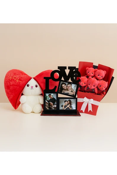 Özgüner Oyuncak Sevgiliye Özel Hediye Seti – Kalpli Tavşan Peluş + Mini Ayıcık Buketi + LOVE Fotoğraf Çerçevesi ürün görseli 1