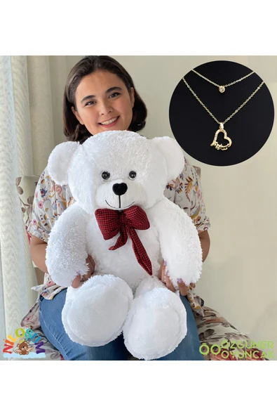 Harika Peluş Fabrikası Sevgiliye Hediye Seti - 90 cm Peluş Ayıcık & 24 Ayar Altın Kaplama Kolye ürün görseli 1