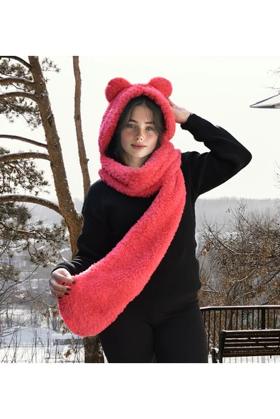 Harika Peluş Fabrikası Pabtex Kapüşonlu Peluş Bere Atkı Welsoft Yumuşak Kumaş Sıcacık ürün görseli 1