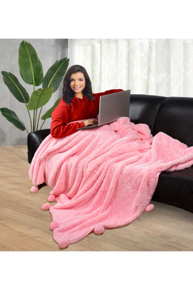 Harika Peluş Fabrikası Ponponlu 200*220 Cm Pelüş Tv Battaniyesi ( ürün görseli 1