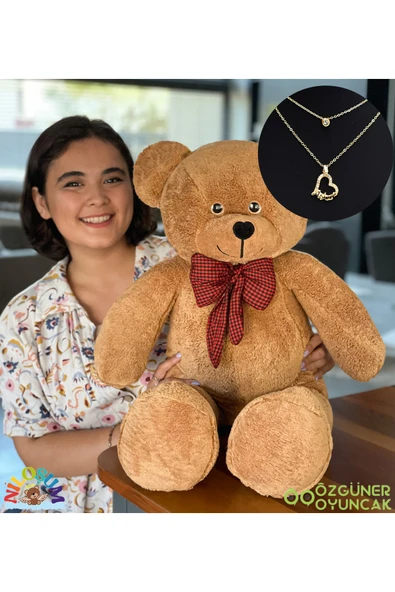 Harika Peluş Fabrikası Sevgiliye Hediye Seti - 90 cm Peluş Ayıcık & 24 Ayar Altın Kaplama Kolye ürün görseli 1