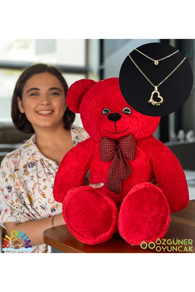 Pababo Sevgiliye Hediye Seti – 90 cm Peluş Ayıcık & 24 Ayar Altın Kaplama Kolye ürün görseli 1