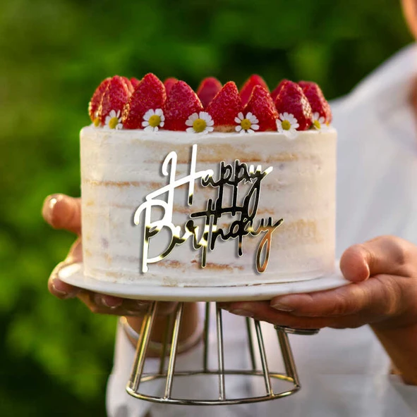 Pasta Önü Plexi Happy Birthday Yazı Gold 10x7 Cm ürün görseli 1