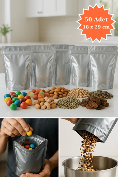 Kilitli Alüminyum Doypack Kahve Kuruyemiş Bakliyat Kedi Köpek Kuş Yemi Saklama Torbası 18x29 cm 50Li ürün görseli 1