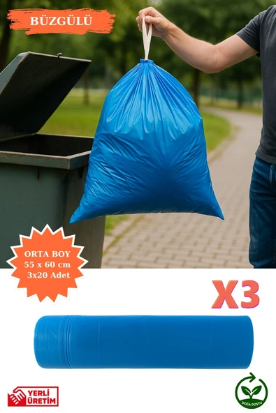 Premium Büzgülü Orta Boy Çöp Poşeti 55x60 cm 3x20 Adet Ev Mutfak İş Ofis Avantajlı Ekonomik Paket ürün görseli 1