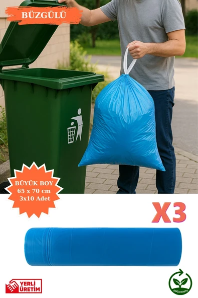 Premium Büzgülü Büyük Boy Çöp Poşeti 65x70 cm 3x10 Adet Ev Mutfak İş Ofis Avantajlı Ekonomik Paket ürün görseli 1