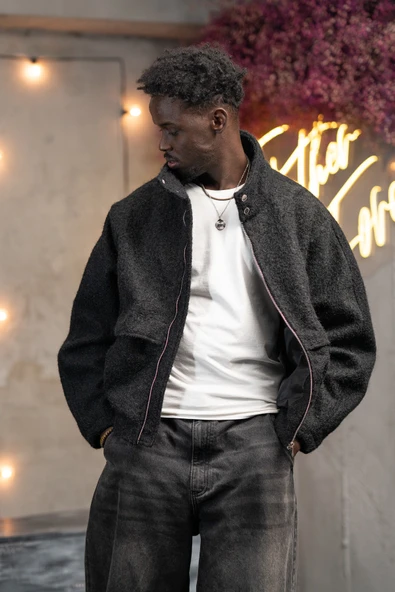 Oversize Crop Model Yan Cepli Astarlı Kırçıllı Mont - Resim 7