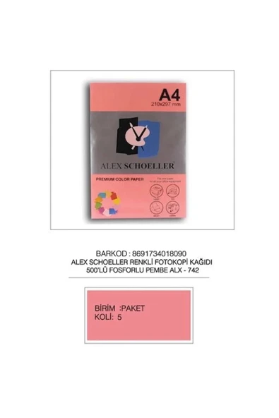 Alex Schoeller Renkli̇ Fotokopi̇ Kağidi Fosforlu 500 Lü A4 Pembe Alx-742 ürün görseli 1