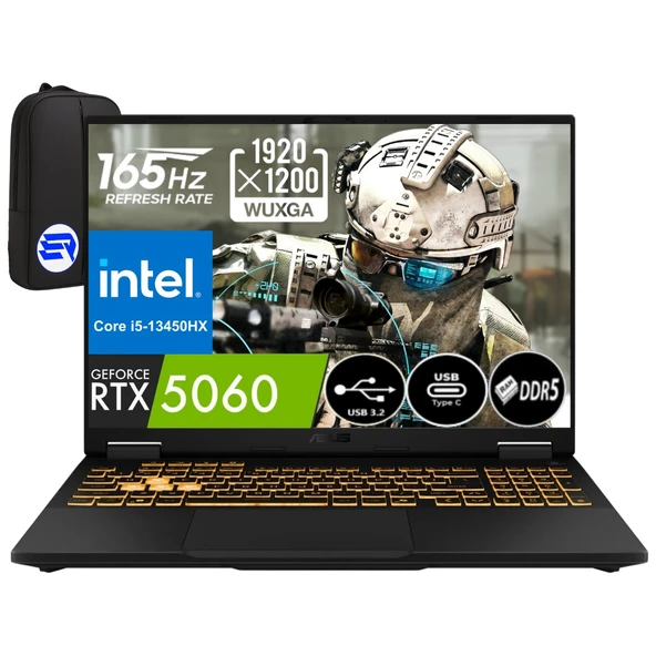 Asus Tuf F16 FX608JM-RV075 I5-13450HX 16GB 512GB SSD RTX5060 115W 16'' Fhd+ Wuxga 165Hz WIN11 Pro + Elektropasaj Çanta ürün görseli 1