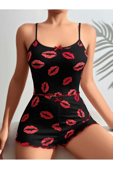 Kadın Siyah Dudak Desenli Şortlu Pijama Takımı 5057 ürün görseli 1