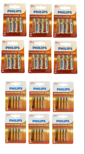 Philips kalem ve ince pil - 48 li extra çinko 2 boy pil 4x6=24 adet ürün görseli 1
