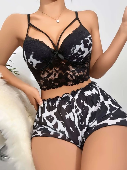 Kadın Siyah Leopar desenli Dantel detaylı Şortlu Gecelik Pijama Takımı 5055 ürün görseli 1