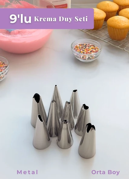 Orta Boy 9’lu Metal Krema Duy Seti – Pasta Duyu Cupcake ve Kurabiye Krema Duyu Süsleme ürün görseli 1